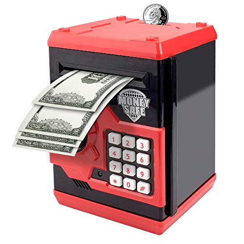 Vommery Hucha para niños de Juguete, Mini Caja Fuerte electrónica para cajero automático Bancos con Bloqueo de contraseña & Desplazamiento automático de Dinero para niños niñas (Rojo)